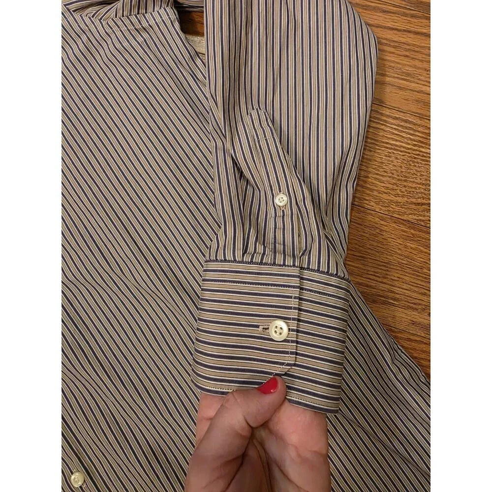 Banana Republic Button‎ Up Shirt Mens XL 17-17.5 Purple Tan Stripes Cotton Slim